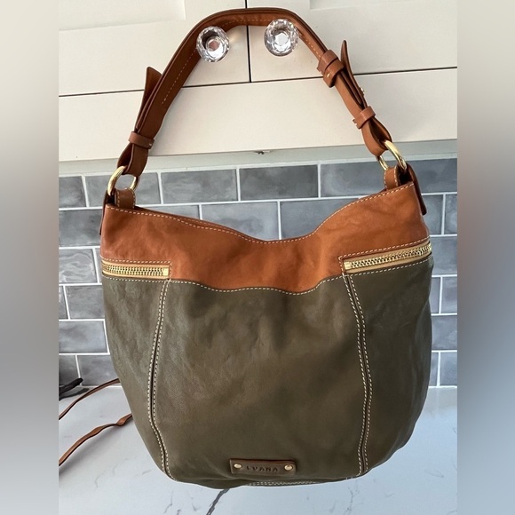 Luana 100% leather shoulder Crossbody Bag Purse Two Tone Olive Green Tan - Picture 1 of 16